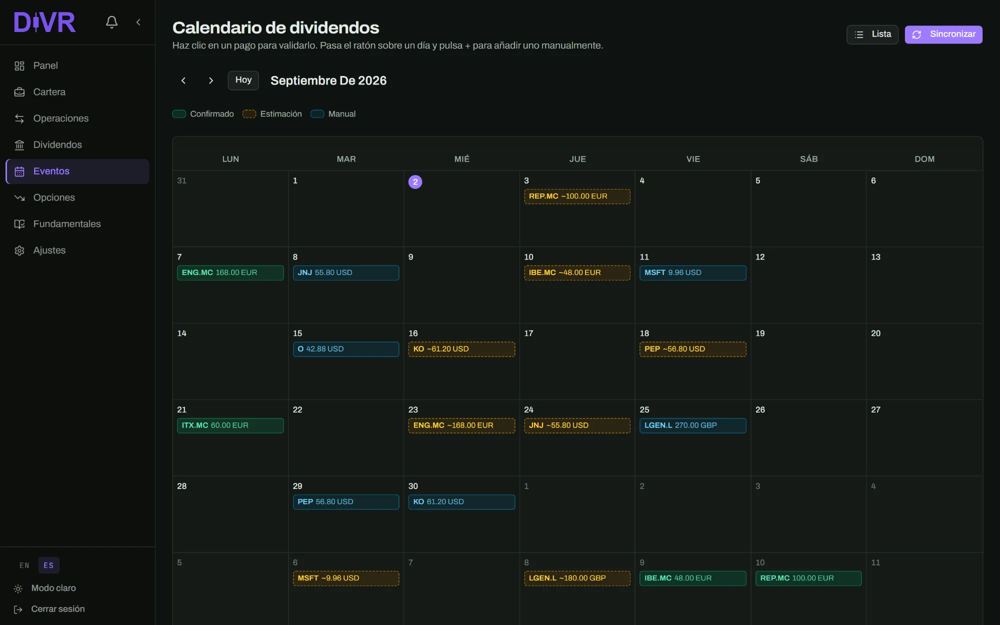 Calendario de dividendos de Divr en septiembre, con los pagos previstos de cada posición y su importe.