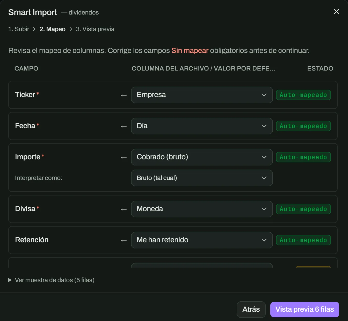 Smart Import en el paso de mapeo: Empresa, Día, Cobrado (bruto), Moneda y Me han retenido, emparejadas solas con Ticker, Date, Amount, Currency y Withholding Tax.