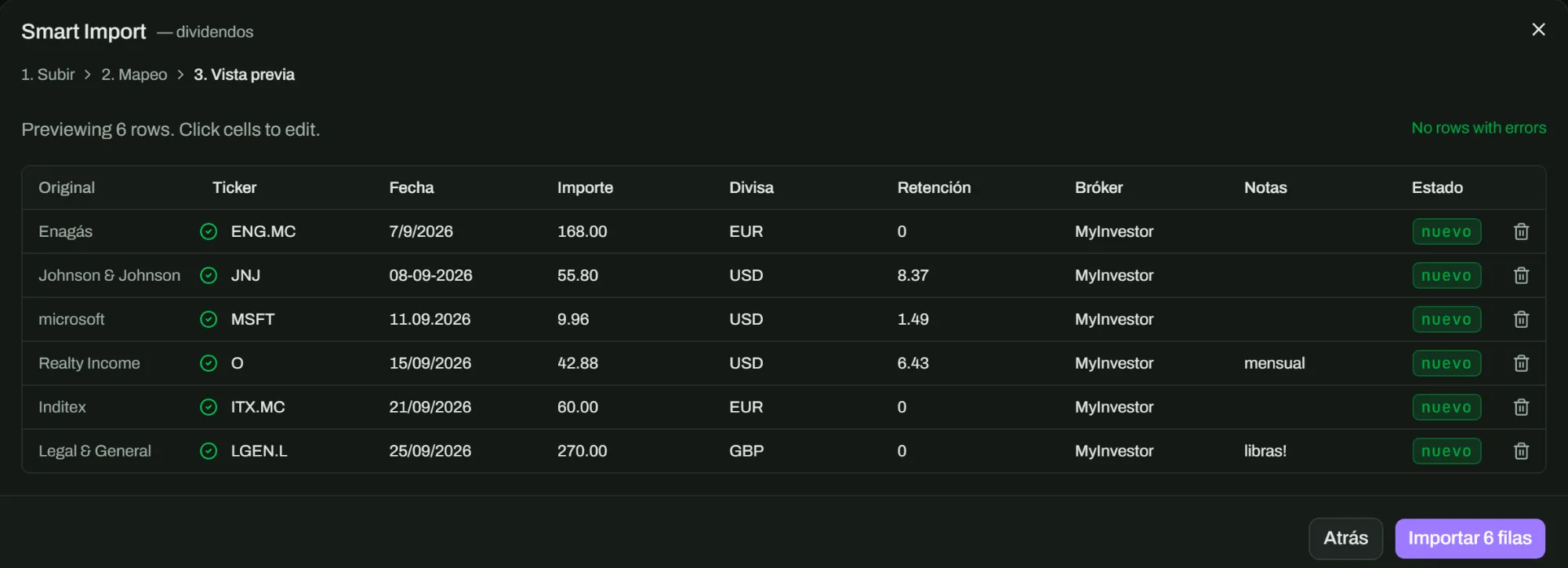 Vista previa de Smart Import: Enagás pasa a ENG.MC, Johnson & Johnson a JNJ, microsoft a MSFT y Legal & General a LGEN.L, con las seis filas listas para importar.